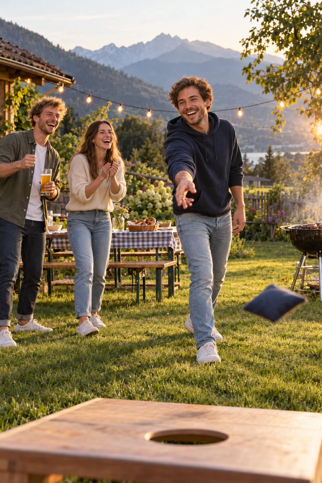 Freunde spielen Cornhole beim Grillabend